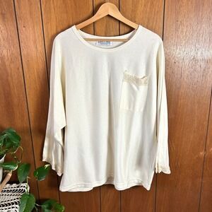 Vintage Land n Sea Cream Batwing Long Sleeve Top Crochet Lace Pocket Made in USA